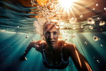 beautiful woman personal trainer in a pool, swimming with strong strokes and a determined expression, with underwater bubbles and sunlight streaming in from above, generative ai