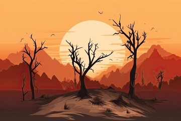 serene sunset with majestic mountains and trees in the backdrop. Generative AI