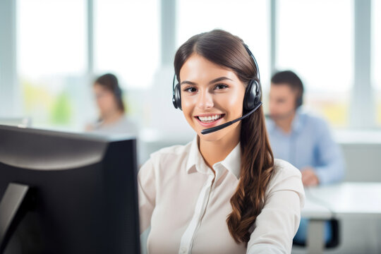 beautiful woman customer service representative, leaning against a desk with a headset around her neck and confidently smiling at the camera, generative ai