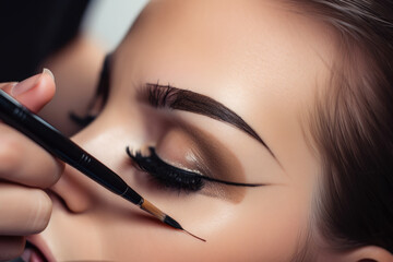 Close-up of a cosmetologist applying eyeliner to a client, showcasing her precise makeup skills, generative ai