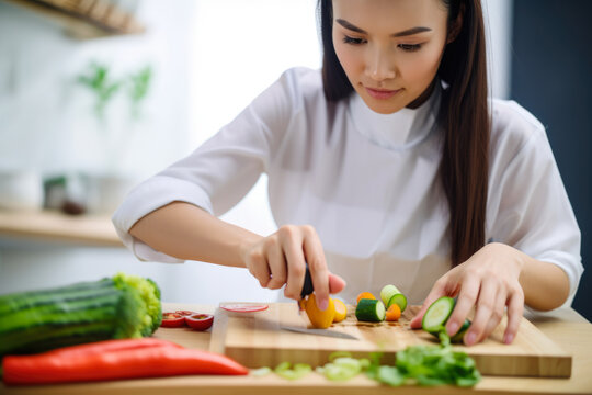 close-up of a beautiful dietitian measuring out portions of fresh vegetables on a wooden slicing board, with a focused expression and natural light highlighting her features, generative ai