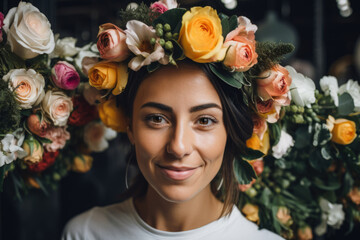 Close-up portrait of a confident florist wearing a flower crown of blooming roses, generative ai
