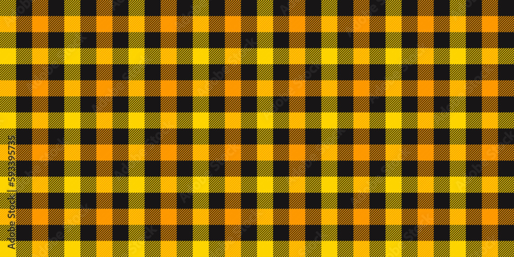 Poster Gingham seamless pattern. Black yellow orange vichy background texture. Checked tweed plaid repeating wallpaper. Fabric design template. Vector 