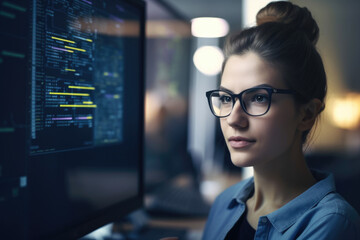 close-up portrait of a gorgeous female software developer, with an intense gaze and a hint of a smile, her hair pulled back in a sleek bun, working on a code editor, generative ai