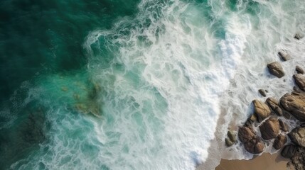 Fototapeta premium Beach and waves from top view Generative AI