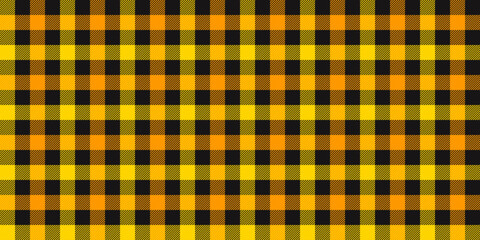 Gingham seamless pattern. Black yellow orange vichy background texture. Checked tweed plaid repeating wallpaper. Fabric design template. Vector 