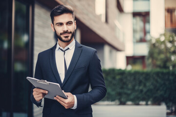 Fototapeta premium Close-up portrait of a stunning real estate agent with striking features, wearing a chic blazer, generative ai