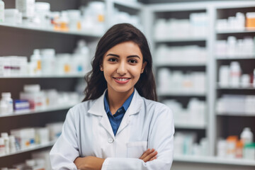Compassionate female pharmacist with a kind smile holding a medication bottle and offering advice to a patient, generative ai - obrazy, fototapety, plakaty