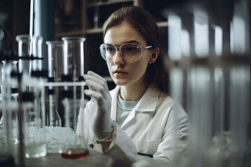 confident biologist in a white lab coat, examining a test tube with a determined expression while surrounded by beakers and scientific equipment, generative ai