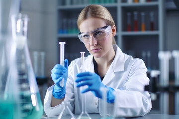 confident biologist in a white lab coat, examining a test tube with a determined expression while surrounded by beakers and scientific equipment, generative ai