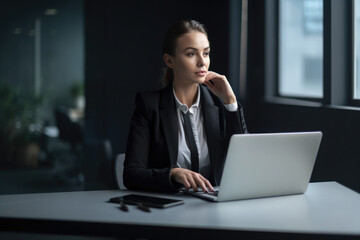Fototapeta premium Confident executive assistant in a modern office, sitting at her desk with a laptop and a phone while looking focused and determined, generative ai