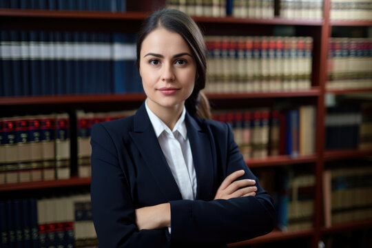 Confident paralegal standing in front of law books with a determined look on her face and a pen in her hand, generative ai