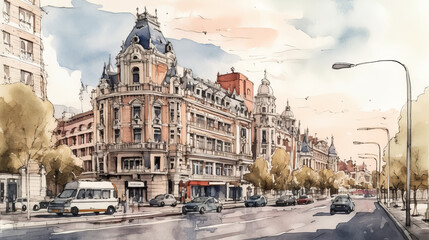 Views of Madrid. drawing in the style of colored pencil and watercolor. in the style of 90s art. illustration created using artificial intelligence