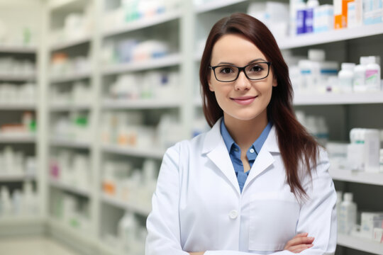 Elegant female pharmacist with a white lab coat and stethoscope standing confidently in front of medicine shelves with a friendly smile, generative ai