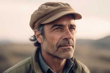 Portrait of mature man in cap looking away while standing in countryside