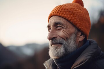 Medium shot portrait photography of a pleased man in his 70s wearing a warm beanie or knit hat against a bird's-eye view or aerial landscape background. Generative AI