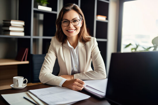 Experienced and knowledgeable insurance agent with a warm smile, sitting at her desk while holding a folder with important documents, generative ai