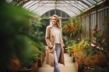 Beautiful blonde girl in a coat walks through the greenhouse. High quality photo