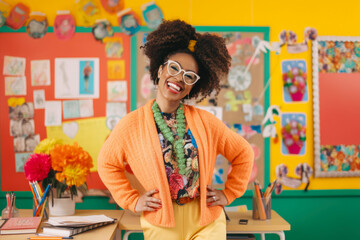 friendly and approachable female teacher in a colorful classroom, surrounded by art and posters, and wearing a bright and cheerful outfit, generative ai