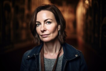 Fototapeta premium Portrait of a beautiful woman with long brown hair wearing a blue jacket.