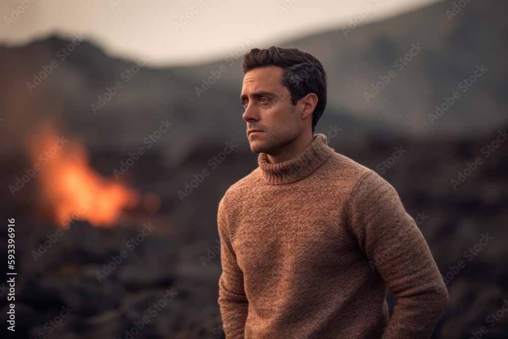 Wall mural Handsome man standing in front of a bonfire at sunset