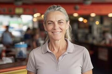 Portrait of smiling senior woman standing in bar counter at coffee shop