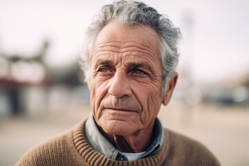 Portrait of a senior man with grey hair and brown sweater.