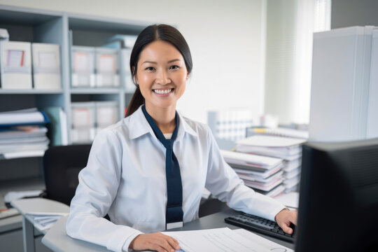 Hard-working administrative assistant in a busy medical office, surrounded by charts, files, and equipment, assisting patients with a smile, generative ai