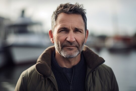 Portrait of a handsome middle-aged man with gray hair and beard in a green jacket on the background of yachts