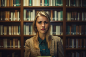 lovely female librarian with an intense gaze, holding a book while standing in front of a bookcase filled with books of different colors, generative ai
