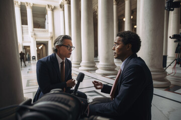 Inquisitive journalist interviewing a prominent politician in a government building, surrounded by marble pillars and ornate architecture, generative ai