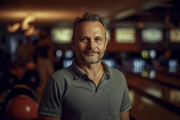 Fototapeta premium Portrait of a middle-aged man in a bowling club.
