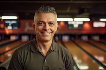 Fototapeta premium Portrait of happy mature man standing in bowling alley and smiling at camera