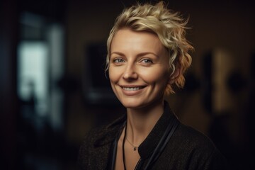 Portrait of a beautiful young woman with short blond hair and blue eyes