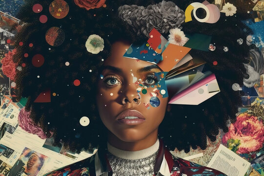 Abstract Art Portrait Of Young Black Woman, Girl Face In Collage Style, Generative AI.