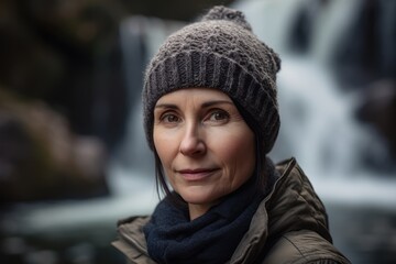 Portrait of middle-aged woman in cap and scarf against waterfall