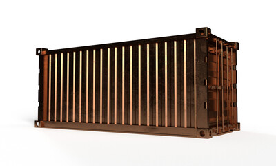 Isolated Golden Shipping Cargo Container in Perfect Realistic Look. Reusable large intermodal steel freight boxes for Storage and Transportation on White Background, 3D Render illustration.