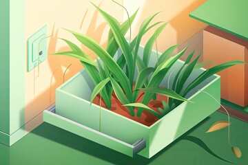 potted green plant on a table with a green box. Generative AI