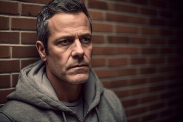 Obraz premium Portrait of a serious mature man looking at camera against brick wall
