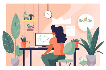 Portrait of a beautiful graphic designer at work on her computer, with a creative workspace filled with plants, motivational quotes, and design tools, generative ai
