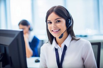 Portrait of a beautiful woman working as a customer service representative, confidently smiling at the camera while wearing a professional headset and seated at her desk, generative ai
