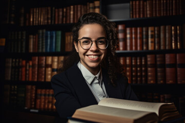 Portrait of a bilingual translator with a warm smile, surrounded by books and dictionaries in different languages, generative ai - obrazy, fototapety, plakaty
