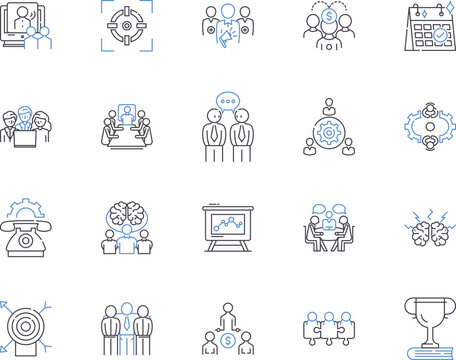 Collaborators outline icons collection. Partners, Teammates, Colleagues, Allies, Associates, Contributors, Aides vector and illustration concept set. Workers, Helpers, Unitees linear signs