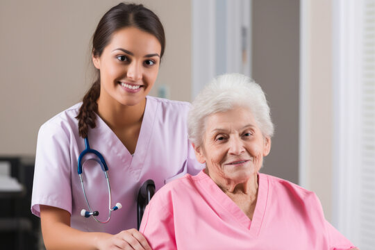 Portrait of a caring Physical Therapy Assistant wearing pink scrubs, standing beside an elderly patient on a wheelchair and holding their hand, generative ai