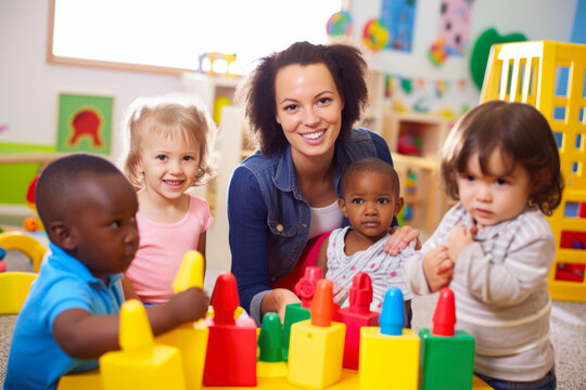 Portrait of a caring childcare worker playing with a group of happy children in a colorful and inviting playroom, generative ai