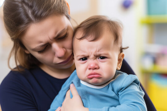 Portrait of a compassionate childcare worker soothing a crying toddler in a warm and comforting nursery, generative ai