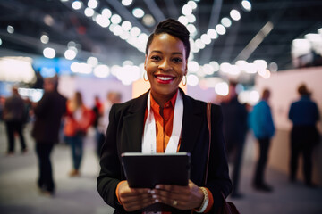 Portrait of a confident and poised meeting and convention planner standing in front of a vibrant event space, with a tablet in hand and a bright smile on her face, generative ai