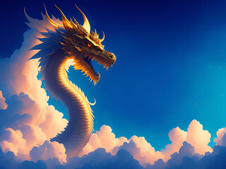 Naklejka na ściany i meble Golden dragon on blue sky. Copy space