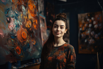 Fototapeta premium Portrait of a confident and talented artist standing in front of her finished masterpiece with a smile on her face, generative ai