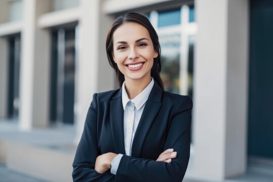 Portrait of a confident and friendly loan officer with a warm smile and professional attire standing in front of a bank building, generative ai